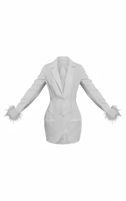 White Cut Out Detail Feather Sleeve Blazer Dress
