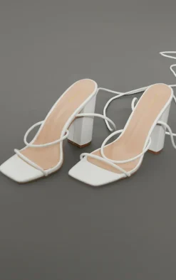 White Delicate Strap Block Heel Ankle Tie Square Toe Sandal