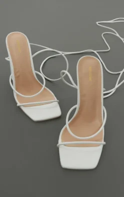 White Delicate Strap Block Heel Ankle Tie Square Toe Sandal