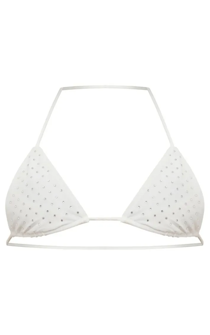 White Diamante Detail Thong Bikini Bottoms