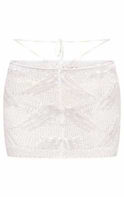 White Distressed Textured Knit Tie Waist Skirt