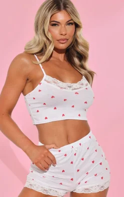 White Ditsy Heart Print Jersey Lace Trim Short PJ Set