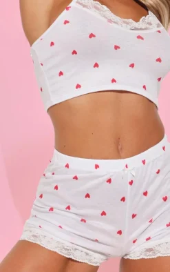 White Ditsy Heart Print Jersey Lace Trim Short PJ Set