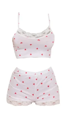White Ditsy Heart Print Jersey Lace Trim Short PJ Set