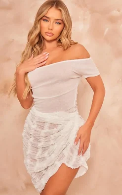 White Dobby Sheer Textured Ruched Side Mini Skirt