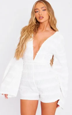 White Dobby Textured Flare Sleeve Plunge Romper