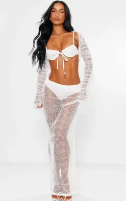 White Dobby Textured Split Back Maxi Skirt