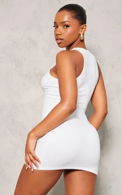 White Double Contour Racer Neck Bodycon Dress