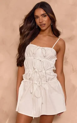 White Elasticated Bow Shift Dress
