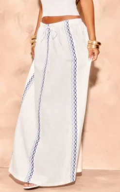 White Embroidered Cheesecloth Drawstring Maxi Skirt