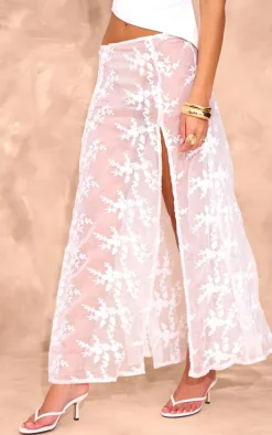 White Embroidered Chiffon Maxi Skirt