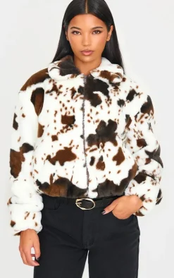 White Faux Fur Cow Print Zip Jacket