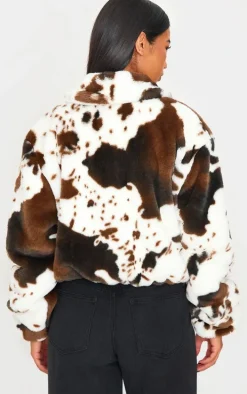 White Faux Fur Cow Print Zip Jacket