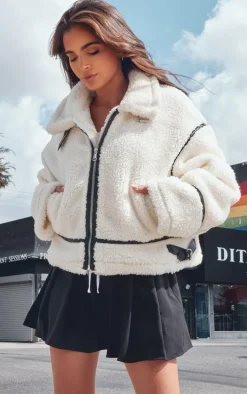 White Faux Leather Contrast Trim Teddy Aviator Jacket