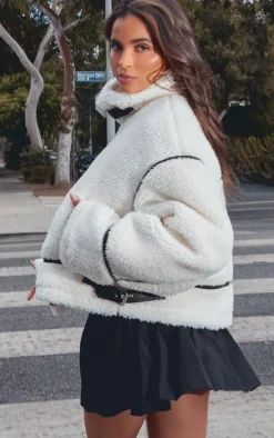 White Faux Leather Contrast Trim Teddy Aviator Jacket