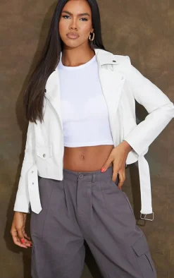 White Faux Leather Regular Fit Belted Biker Jacket