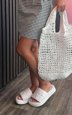 White Faux Leather Square Thick Quilted Padded Strap Slides