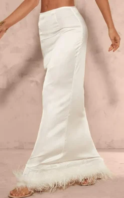 White Feather Trim Satin Maxi Skirt