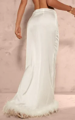 White Feather Trim Satin Maxi Skirt