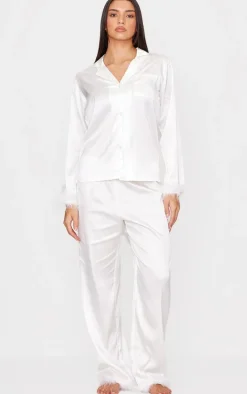 White Feather Trim Satin Long Pajama Set