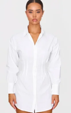 White Fitted Waist Long Sleeve Button Shirt Dress