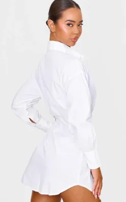 White Fitted Waist Long Sleeve Button Shirt Dress