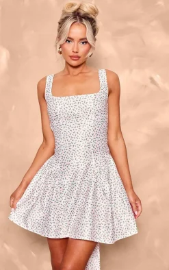 White Floral Bow Back Detail Skater Dress