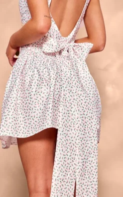 White Floral Bow Back Detail Skater Dress