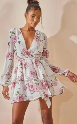 White Floral Chiffon Double Tier Plunge Skater Dress