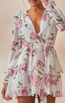 White Floral Chiffon Double Tier Plunge Skater Dress