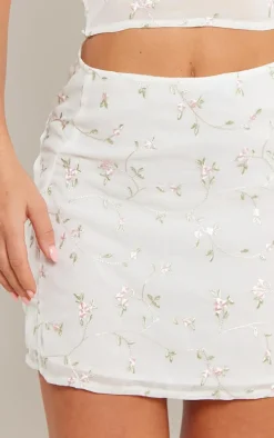 White Floral Embroidered Sheer Mini Skater Skirt
