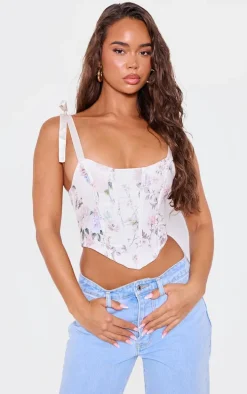 White Floral Jacquard Ribbon Straps Corset