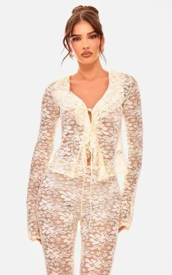 White Floral Lace Ruffle Tie Front Shirt