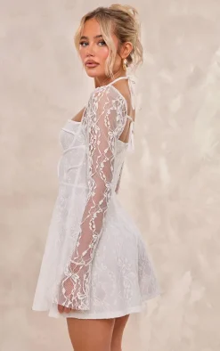 White Floral Mesh Long Sleeve Square Neck Romper