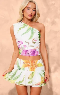 White Floral Print Chiffon Ruffle Mini Skirt