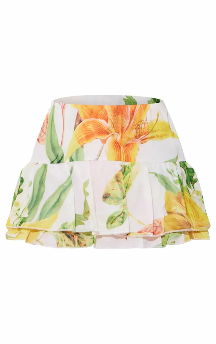 White Floral Print Chiffon Ruffle Mini Skirt