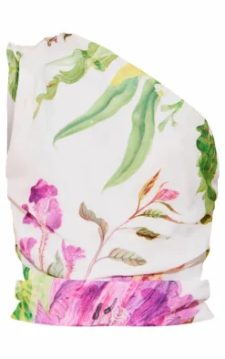White Floral Print Chiffon One Shoulder Top