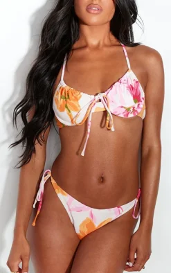 White Floral Print High Leg Bikini Bottoms