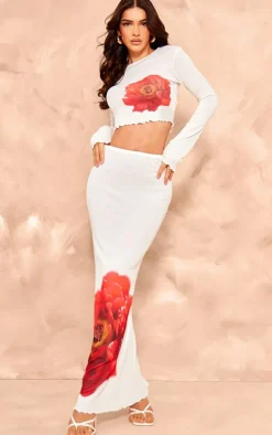 White Floral Print Long Sleeve Top