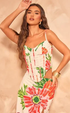 White Floral Printed Boned Corset Top
