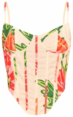 White Floral Printed Boned Corset Top