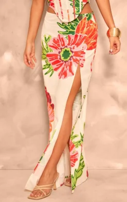 White Floral Printed Thigh High Split Maxi Skirt