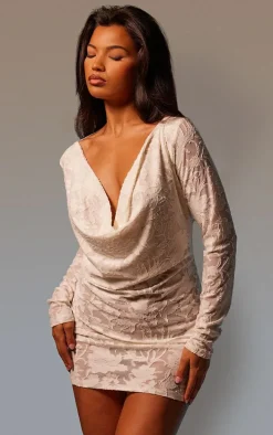 White Floral Sheer Burnout Cowl Neck Bodycon Dress