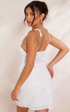 White Floral Soft Textured Lace Up Plunge Shift Dress