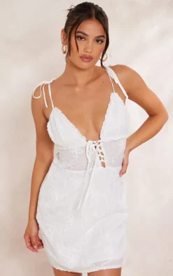 White Floral Soft Textured Lace Up Plunge Shift Dress