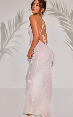 White Flower Applique Knit Maxi Beach Dress