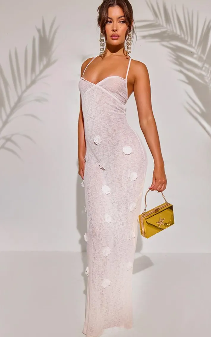 White Flower Applique Knit Maxi Beach Dress