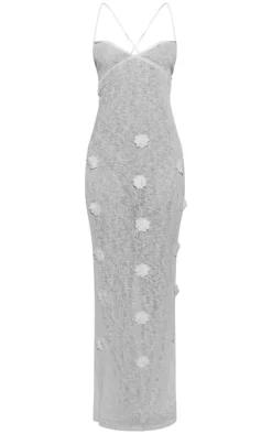 White Flower Applique Knit Maxi Beach Dress