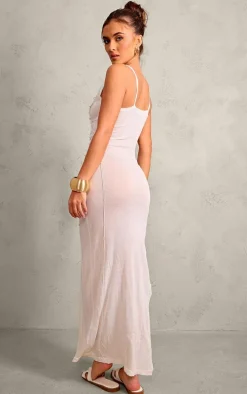 White Flower Applique Sheer Maxi Dress