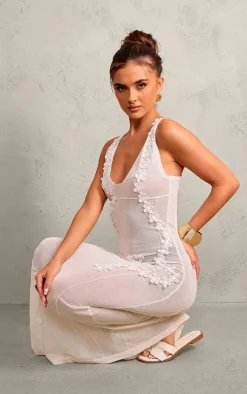 White Flower Applique Sheer Maxi Dress